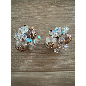 Vendome Aurora Borealis Crystal Beaded Clip On Earrings Signed